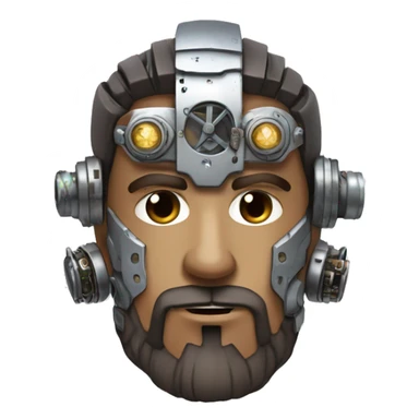 male cyborg head with brown short hair, brown beard, silver steampunk goggles and circuitry sticker