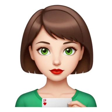 Cute girl, brown short hair, green eyes, playful face, red lips. She holds a card as for mugshot  sticker