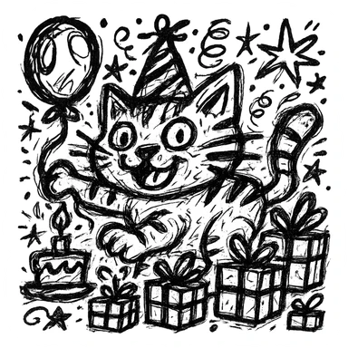 Add more gifts around the kitten, keeping the chaotic outlined style and all original elements intact sticker