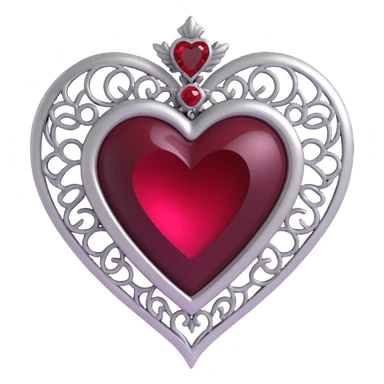 3D emoji gothic heart, black velvet texture, silver filigree details, deep red gemstone center, ornate and dramatic style sticker