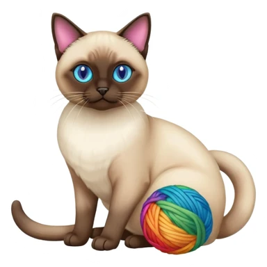Siamese cat sitting full body with rainbow eyes playing with a wool ball sticker
