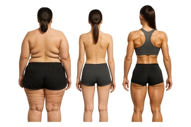 fai una donna di spalle in gym shorts leggermente sovrappeso e con cellulite e accanto una seconda donna di spalle magra (che è dimagrita post dieta) e accanto una terza donna in forma allenata e con le giuste proporzioni, l'immagine deve rappresentare il processo: da donna grassa, a donna piatta e magra, a donna allenata e in forma con i giusti muscoli, iperrealistico 4k sticker