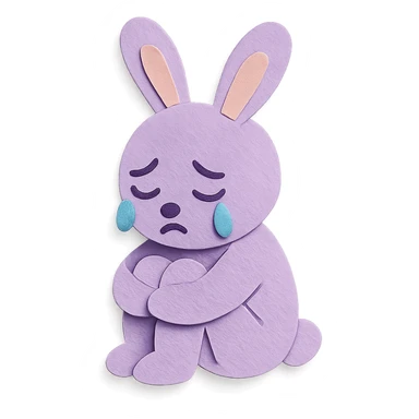 lilac bunny hugging knees while crying, soft emotional expression, paper craft style sticker