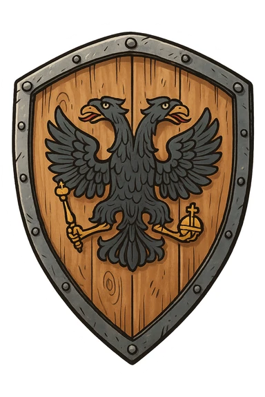 Деревянный щит 15 века с двуглавным российским орлом, рисованный стиль, немного мультящности, прозрачный фон sticker