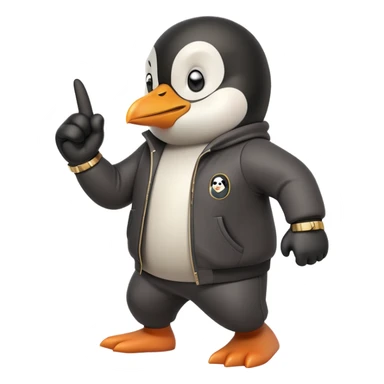 friendly anthropomorphised penguin wearing a mafia-style tracksuit, secretive scheming pose, soprano vibe, angry expression, running with a determined sprint, holding a knuckle duster sticker