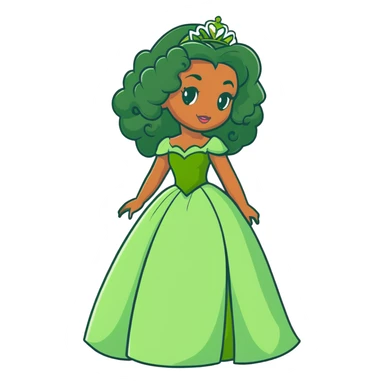 Disney Princess Tiana with extremely long black curly hair, green dress, 2c-3b curl pattern sticker