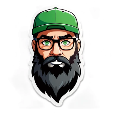 A bold man with a grey baseball cap, green eyes, big beard and glasses with a husky sticker