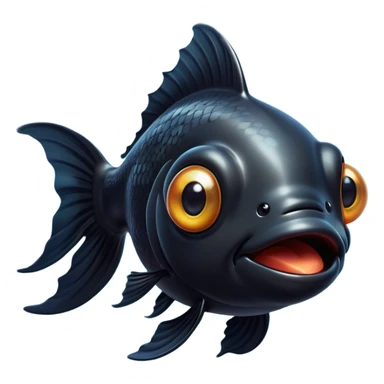 Cinematic Comical Black Goldfish Portrait Emoji, Head tilted dramatically with an exaggeratedly amused expression, featuring a striking, glossy deep black body with vibrant, fluttering fins, wide, expressive golden eyes filled with playful disbelief, Simplified yet hilariously expressive features, highly detailed, glowing with a slightly sassy glow, high shine, dramatic yet playful, stylized with an air of cheeky mischief, bright and endearing, soft glowing outline, capturing the essence of a spirited and over-the-top goldfish, so meme-worthy it feels like it could side-eye its way into internet fame instantly! sticker