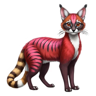 Colorful dark tropical sanguine-red, black, white iridescent glorious divine exotic cute cool beautiful shiny beautiful floral fantasy-caracal-civet-genet-sergal-vernid-Cacomistle-oncilla-animal-Fakémon-hybrid-fursona with pattern markings (full body) sticker
