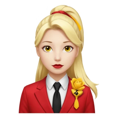 Woman with porcelain white skin, thick blonde hair that's in a thick, long ponytail, has a black nose, yellow scleras, red pupils, and a red suit with a black tie. sticker