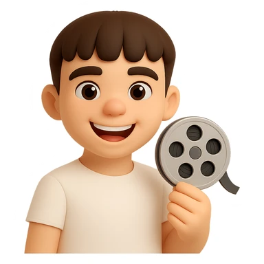 Make the character look happier and with a lighter skin tone, keeping the same 3D cartoon style. Keep the film reel and white shirt. Preserve the transparent background. sticker