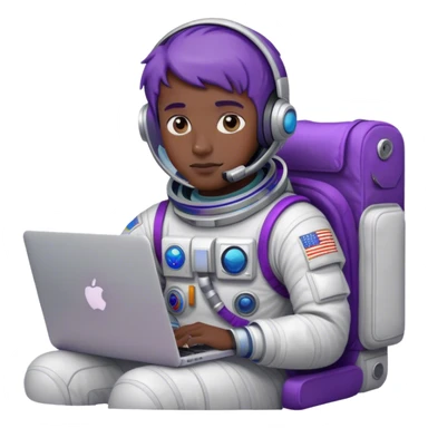 guy astronaut with purple suit, blue eyes, short purple hair and one macbook sticker