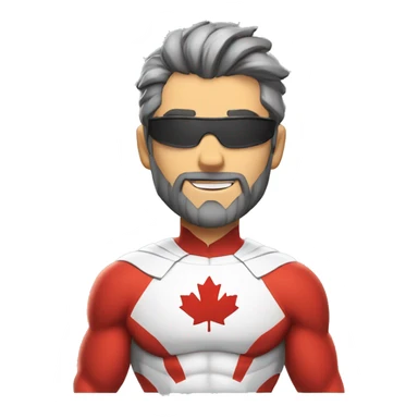 a male canadian superhero, light beard, wearing red and white clothes ¨has a mapple leaf on chest and dark grey hair in a ponytail sticker
