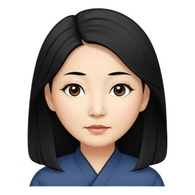 50 yr old asian woman, straight thick long black hair, big black, side part,  sticker