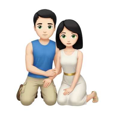 Man as prince, upright, black Hair, blue eyes, woman, blonde, green eyes, shott white sleveless Dress, kneeling, background palace sticker