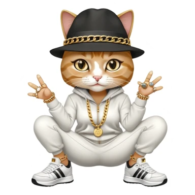 female cat wearing Run DMC hip-hop outfit with tracksuit, fedora, Adidas sneakers, many gold chains, rings, bracelets, flashy earrings, eyes averted, talking to a friend, no sunglasses sticker