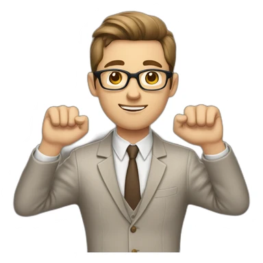 To belt Actively gesturing with hands Pale skinned fit man with dark brown hair in gray jacket, beige office shirt, brown tie, brown pants and vintage glasses. sticker
