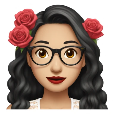 Asian girl, smiling with teeth, fair skin, black long hair, black eyes, black glasses with gold frames, red lipstick, wearing a white lace tank top and a black office jacket on top, with pink and red roses around her sticker