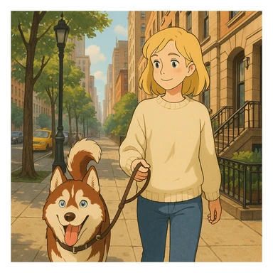 Cute Blonde woman wearing a sweater walking a happy red-brown blue-eyed Siberian husky in New York City on an upper east side city sidewalk  sticker