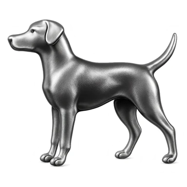               Apply a high-end, photorealistic metallic chrome material to the provided {subject}. The material should have a smooth, slightly curved surface with subtle reflections and soft shadows, resembling brushed or polished silver metal. Preserve the exact shape, proportions, and design of the original object. Set it against a solid black background (#000000) in 8K resolution. The lighting should enhance the beveled edges and reflective highlights, creating a sleek, premium finish. {subject} = dog pointing left sticker