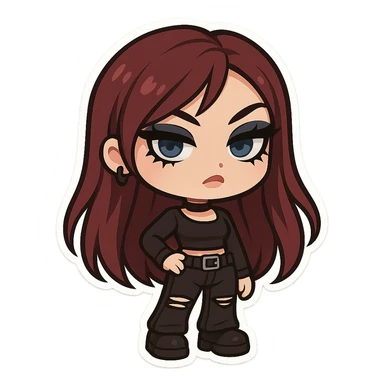 emo alternative girl with burgundy long hair, pale skin, blue eyes, pretty bratz baddie look, strong black eyeliner and lashes, stylish and bold sticker