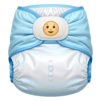 single disposable baby diaper, gently curved and puffy, soft white material with pastel blue edges, elastic leg bands, folded sides, no baby or accessories, soft lighting, subtle shadows, emoji scale sticker
