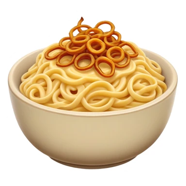 cheesy noodles in a rustic bowl topped with fried onions sticker