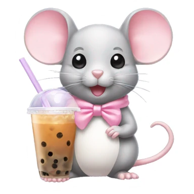 Mouse with a light pink bow on its head drinking bubble tea sticker