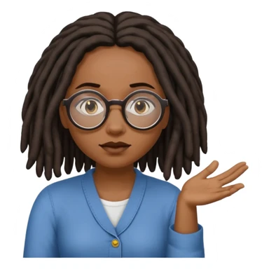 darker skin female with dark dreadlock hair wearing large round glasses shrugging her shoulders sticker
