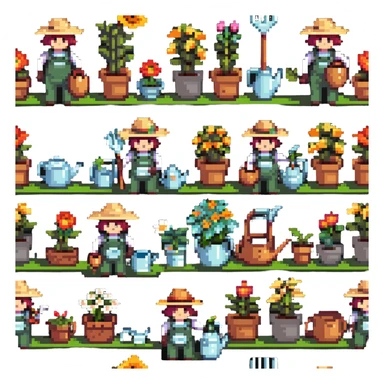 gardener character with straw hat, watering can, and gardening tools sticker