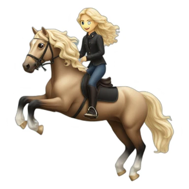 blonde girl with wavy hair riding friesian horse jumping sticker