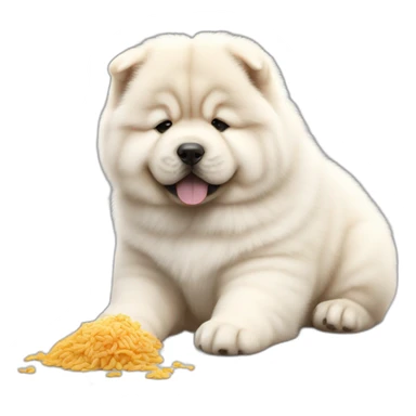 Chow chow white pup,eating a food,young cute,furry shiny dog cute, realistic, young,sitting on floor, beautiful picture, 4k, 16k sticker