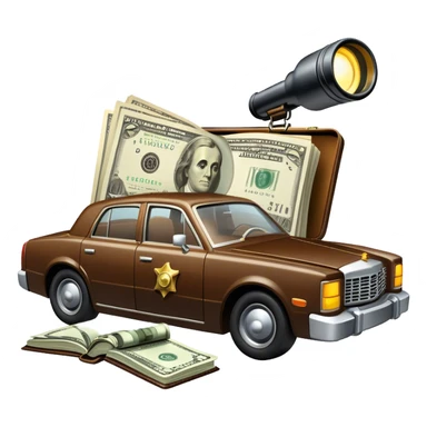 Icon for Action & Crime Reading: an open book with dramatic crime scenes—bullet holes on pages, a detective badge, a revolver, and a getaway car. Surrounding elements include a briefcase with cash and a flickering streetlight. Transparent background. sticker