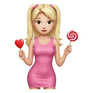 Beautiful woman with long blonde ponytails wearing light pink bodycon dress holding a lollipop sticker