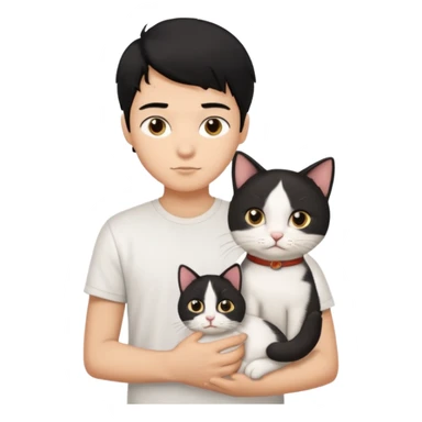 generate a pretty bratz emoji of a boy with black hair wearing a white tshirt and holding a cat  sticker