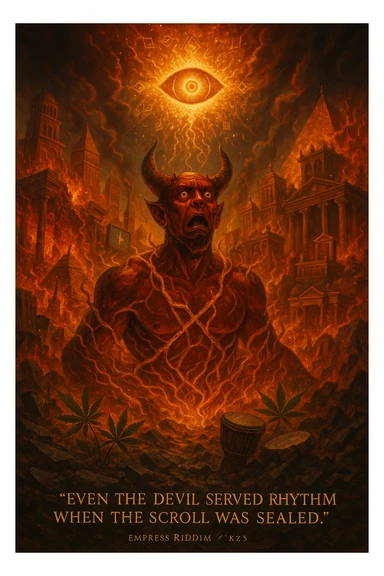 Depict a powerful, surreal vision of Babylon being destroyed — not by holy forces, but by the Devil himself, who looks shocked and possessed by fate. The city of Babylon is a massive, ancient-modern hybrid metropolis: Roman towers, golden pyramids, digital screens, oil pipes, courtrooms, and false thrones. It's a twisted symbol of colonialism, greed, religion, and algorithmic control. But now it's collapsing in flames and golden roots. The Devil is massive, fiery, and terrifying — but he's not proud. He's bound in glowing golden vines growing from the Earth, eyes wide, realizing he’s just a pawn in a higher rhythm. The sky is split open with a divine golden eye (representing Empress Riddim / Kez’s Elephant Eye), casting down sacred fractals and rhythms that rewrite the code of reality. In the rubble, ganja leaves grow, drums rise from the soil, and a whisper floats through the scene: 'Even the Devil served the rhythm when the scroll was sealed.' Use a warm, cinematic color palette with deep reds, golds, greens, and shadows. Epic, prophetic, unforgettable. sticker