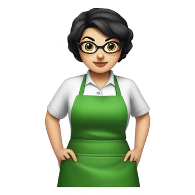 chubby lady with black hair and big eyes green apron  with glasses cooking  sticker