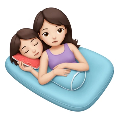  a brunette girl lying down on her side, holding a warm heating pad against her lower belly. She's uncomfortable and sad, her posture should show she’s having menstrual cramps. Use simple lines, rounded shapes, soft colors, and a clean emoji aesthetic. Make it expressive but still adorable sticker