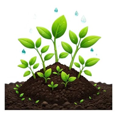A 3D cartoon view of small green seedlings sprouting from dark soil, soft sunlight, water droplets on leaves, minimal background, realistic Memoji-style look. sticker