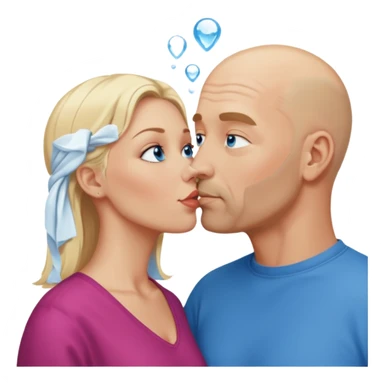 middle aged bald man with salt and blonde scruff, blue eyes and blonde woman with blue eyes kissing each other sticker