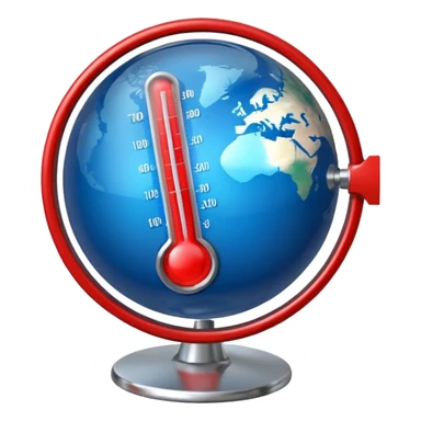 Blue Earth sphere, tilted. Prominent, oversized, fiery red thermometer/gauge, embedded. Indicator peaking 'danger' zone sticker