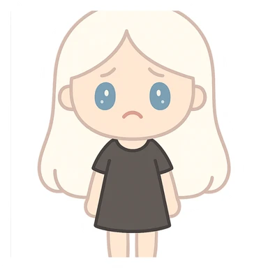 A girl with long white hair, blue eyes, sad and tired, wearing a black dress. sticker