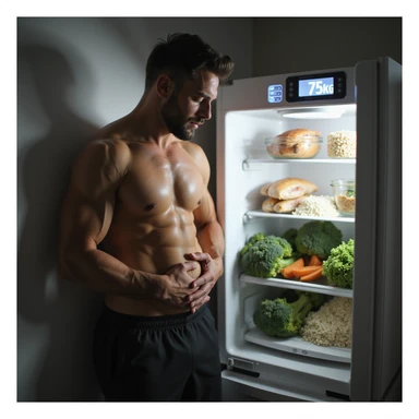 hyperrealistic 4K image of a man in sports clothes leaning against the fridge clutching his stomach, scale with '75kg' visible, open fridge full of chicken, rice, broccoli sticker