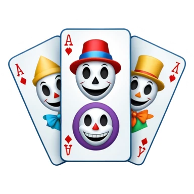 bunch of 3 poker cards, with crazy colorful human jolly jokers inside, inversed face, cuphead style sticker