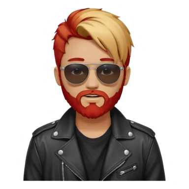 generate an ios genmoji of a 20 year old tan boy with black sunglasse Wearing a leather jacket. Has a dyed blonde beard and veryyyyy long red sticker