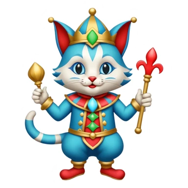 crazy colorful cute little cat jolly joker from poker, medieval, vintage, court jester, mac os icon, blue color, full body sticker