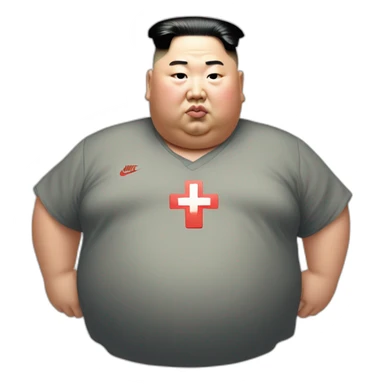 super fat Kim jong un wear shirt with a white cross which is NIKE LOGO sticker
