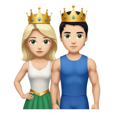 Prince with crown, black hair, body, legst, blue eyes, woman blonde hair, green eyes, sexy white short sleveless dress,  sticker