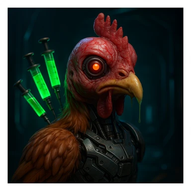 hyperrealistic mutant chicken emoji with fleshy red head and veins, one cyborg eye, deformed beak with slime, body half feathers and half mechanical, glowing green hormone syringes in neck, dark neon-accented sci-fi atmosphere sticker