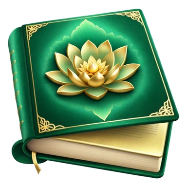 A soft emerald green magic book front cover en terciopelo, with golden details, a ray of light, or a lotus on the cover, radiating presence, tranquility, and spiritual awakening sticker